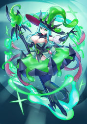 Rule 34 | 1girl, aqua hair, baniran dorosu, blunt bangs, bow, breasts, commentary request, elbow gloves, fantasy, full body, gloves, green eyes, hat, high heels, highres, holding, holding staff, huge breasts, long hair, looking at viewer, magic, original, pointy footwear, slime (substance), smile, solo, staff, very long hair, waist bow, witch, witch hat