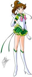 Rule 34 | 1girl, bishoujo senshi sailor moon, boots, bow, brooch, brown hair, choker, earrings, elbow gloves, gloves, green bow, green eyes, green skirt, hair bobbles, hair ornament, jewelry, kino makoto, knee boots, looking at viewer, magical girl, marco albiero, one eye closed, pink bow, pleated skirt, ponytail, sailor collar, sailor jupiter, short hair, signature, skirt, smile, solo, standing, star brooch, super sailor jupiter (stars), tiara, white background, white footwear, white gloves