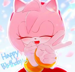 Rule 34 | 1girl, ameusute1002, amy rose, animal ears, animal nose, bare shoulders, blue sky, blush, bracelet, closed eyes, day, dress, english text, eyelashes, furry, furry female, gloves, gold bracelet, hairband, hands up, happy birthday, hedgehog ears, hedgehog girl, jewelry, open mouth, outdoors, petals, pink fur, red dress, red hairband, sky, sleeveless, sleeveless dress, smile, solo, sonic (series), standing, v, white gloves