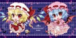 Rule 34 | 2girls, :3, argyle, argyle background, argyle clothes, ascot, bad id, bad pixiv id, bat (animal), bat wings, blonde hair, blue background, blue hair, blush, border, brooch, chibi, curtsey, english text, engrish text, finger to face, flandre scarlet, frilled skirt, frills, hat, hat ribbon, head tilt, jewelry, lace, lace border, laevatein, mob cap, multiple girls, noai nioshi, open mouth, ornate border, puffy short sleeves, puffy sleeves, ranguage, red eyes, remilia scarlet, ribbon, ribbon-trimmed legwear, ribbon trim, short hair, short sleeves, siblings, side ponytail, sisters, skirt, skirt set, spear the gungnir, touhou, wings, | |