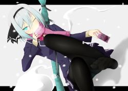 Rule 34 | 1girl, ;), bad id, bad pixiv id, black pantyhose, blazer, blue jacket, blue skirt, bow, bowtie, breath, can, dutch angle, green eyes, hairband, highres, jacket, konpaku youmu, konpaku youmu (ghost), letterboxed, looking at viewer, one eye closed, pantyhose, pink bow, pink bowtie, pink scarf, scarf, school uniform, short hair, silver background, silver hair, sitting, skirt, smile, snowing, solo, striped bow, striped bowtie, striped clothes, striped neckwear, suiu shinotsuku, sweater, touhou