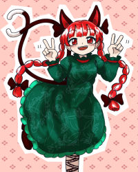 Rule 34 | 1girl, animal ear fluff, animal ears, blunt bangs, bow, braid, brown bow, cat day, cat ears, cat tail, double v, dress, extra ears, floating hair, foot out of frame, green dress, hair bow, hair ribbon, highres, kaenbyou rin, looking at viewer, multiple tails, nekomata, nokisakifuurin, outline, petticoat, pink background, red eyes, red hair, ribbon, simple background, solo, standing, standing on one leg, tail, touhou, tress ribbon, twin braids, twintails, two tails, v, white outline