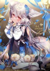 Rule 34 | animal ear fluff, animal ears, asymmetrical legwear, bare shoulders, bell, black footwear, black sash, blue bow, blue dress, blue ribbon, blush, bow, bowtie, chi no, collar, collared dress, commission, detached sleeves, dress, flower, fox ears, fox girl, fox tail, frilled collar, frilled dress, frilled sleeves, frills, from side, full-face blush, hair between eyes, hair ornament, hair scrunchie, hands on own cheeks, hands on own face, head tilt, highres, large ears, large tail, layered dress, long hair, long sleeves, looking at viewer, low twintails, mismatched legwear, on floor, original, puffy long sleeves, puffy sleeves, red eyes, ribbon, sakurada shiro (hy plus), sakurada shiro (original) (hy plus), sash, scrunchie, short dress, sitting, skeb commission, sleeveless, sleeveless dress, sleeves past wrists, solo, star ornament, strappy heels, tail, thank you, thighhighs, twintails, vertical-striped sash, very long hair, wariza, white dress, white flower, white hair, white thighhighs