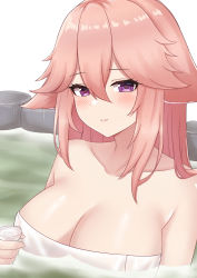 Rule 34 | 1girl, absurdres, alcohol, animal ears, baku (ggininder0), bare shoulders, breasts, choko (cup), cleavage, collarbone, commentary request, cup, fox ears, fox girl, genshin impact, hair between eyes, highres, holding, holding cup, in water, large breasts, long hair, looking at viewer, naked towel, onsen, parted lips, pink hair, purple eyes, sake, sidelocks, simple background, sleeveless, smile, solo, towel, wet towel, white background, yae miko