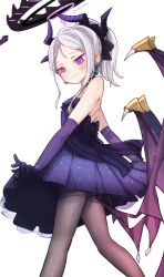 Rule 34 | 1girl, absurdres, artist name, bare shoulders, black pantyhose, blue archive, blush, closed mouth, commentary, comodomodo, demon girl, demon horns, demon wings, dress, earrings, elbow gloves, english commentary, evening gown, feet out of frame, from behind, gloves, grey hair, highres, hina (blue archive), hina (dress) (blue archive), horns, jewelry, looking at viewer, official alternate costume, pantyhose, ponytail, purple dress, purple eyes, purple gloves, short dress, signature, simple background, smile, solo, strapless, strapless dress, white background, wings