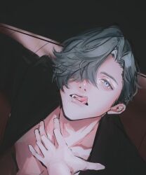 Rule 34 | 1boy, 1other, aizome kento, aru iru, b-project, black jacket, blue eyes, blue hair, fang, hand on another&#039;s chest, highres, jacket, light blue hair, long sleeves, looking at viewer, looking up, male focus, open clothes, parted lips, short hair, teeth, tongue, tongue out
