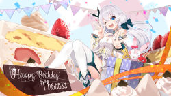 Rule 34 | 1girl, :d, absurdres, blue eyes, bow, cake, cake slice, confetti, doll, double v, dress, food, fruit, gift, hair between eyes, hair bow, happy birthday, headband, highres, homei (honkai impact), homu (honkai impact), honkai (series), honkai impact 3rd, kooemong, long hair, looking at viewer, one eye closed, open mouth, sleeveless, sleeveless dress, smile, solo, strawberry, teeth, theresa apocalypse, thighhighs, twintails, v, white dress, white hair, white sleeves, white thighhighs