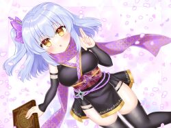 Rule 34 | 1girl, bare shoulders, black kimono, black sleeves, black thighhighs, book, bow, breasts, brown eyes, cleavage, commission, detached sleeves, dutch angle, fishnets, grey hair, hair between eyes, hair bow, hand up, highres, holding, holding book, japanese clothes, kimono, kuji-in, long sleeves, looking at viewer, medium breasts, obi, one side up, original, parted lips, petals, purple bow, purple scarf, sash, scarf, shikito (yawa0w0), skeb commission, sleeveless, sleeveless kimono, sleeves past wrists, solo, thighhighs