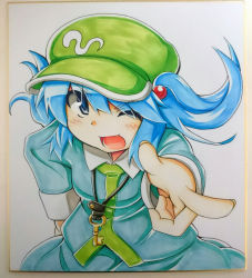 Rule 34 | 1girl, blue eyes, blue hair, hair bobbles, hair ornament, hand on own hip, hat, kawashiro nitori, key, matching hair/eyes, one eye closed, open mouth, photo (medium), pointing, pointing at viewer, ryuu (multitask), shikishi, short hair, smile, solo, touhou, traditional media, twintails, two side up