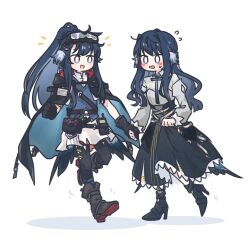 Rule 34 | 0 0, 2girls, :d, arknights, astesia (arknights), astgenne (arknights), black footwear, black gloves, black skirt, black thighhighs, blue hair, blue vest, blush, boots, commentary, english commentary, flying sweatdrops, gloves, goggles, goggles on head, grey shirt, hair intakes, high heels, high ponytail, highres, holding hands, long hair, long skirt, long sleeves, multiple girls, notice lines, open mouth, ponytail, puffy long sleeves, puffy sleeves, seal 007, second-party source, shadow, shirt, shoe soles, simple background, skirt, smile, sweat, thighhighs, thighhighs under boots, very long hair, vest, wavy mouth, white background, white shirt, white skirt