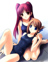 Rule 34 | 00s, 2girls, arm support, blue eyes, brown eyes, brown hair, collarbone, competition school swimsuit, folded ponytail, hair ornament, hairclip, highres, holding hands, interlocked fingers, komaki manaka, kousaka tamaki, lap pillow, looking at viewer, lying, multiple girls, norizou type-r, old school swimsuit, one-piece swimsuit, open mouth, reclining, red hair, school swimsuit, simple background, sitting, smile, swimsuit, to heart (series), to heart 2, yuri
