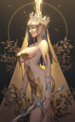 Rule 34 | 1girl, artist name, black hair, bracelet, breasts, covered erect nipples, covered navel, cowboy shot, crown, diamond (gemstone), diamond earrings, earrings, eyelashes, from side, hair between eyes, highres, holding, holding weapon, jewelry, lips, long hair, love cacao, medium breasts, nude, original, plant, solo, standing, sword, tears, watch, weapon, yellow eyes, yellow theme