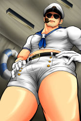 Rule 34 | 1boy, bara, beard, black-framed eyewear, bulge, chris redfield, covered erect nipples, facial hair, feet out of frame, foreshortening, from below, hands on own hips, hat, looking at viewer, male focus, mature male, midriff peek, muscular, muscular male, official alternate costume, osu (osumankokuou), pectorals, resident evil, sailor, sailor collar, sailor hat, sailor shirt, shirt, short hair, short shorts, shorts, smoking pipe, solo, sunglasses, thick thighs, thighs, white shorts