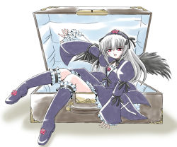 Rule 34 | 00s, 1girl, angel wings, boots, dress, frilled socks, frills, gothic lolita, imai kazunari, junk in the trunk, kneehighs, lolita fashion, long hair, red eyes, rozen maiden, silver hair, sitting, socks, solo, suigintou, suitcase, wings