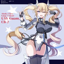 Rule 34 | 1girl, ;d, \m/, absurdres, azur lane, black gloves, black thighhighs, blonde hair, blue eyes, breasts, character name, chest strap, coat, coattails, commentary request, cowboy shot, dated, drill hair, facial mark, gloves, gradient eyes, grey coat, groin, guam (azur lane), hair between eyes, hair ornament, hairclip, hands up, headgear, heart, heart facial mark, hebitsukai-san, highres, large breasts, long hair, long sleeves, looking at viewer, multicolored eyes, one eye closed, open mouth, pelvic curtain, purple eyes, sidelocks, skindentation, smile, solo, standing, star-shaped pupils, star (symbol), symbol-shaped pupils, teeth, thighhighs, twin drills, twintails, twitter username, underbust, upper teeth only, v over eye, very long hair