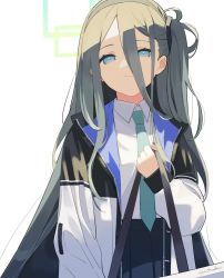 Rule 34 | 1girl, aqua halo, aris (blue archive), black hair, black hairband, blue archive, blue eyes, blue necktie, bright pupils, collared shirt, hairband, halo, holding strap, ichiroku (sakumogu-029), jacket, long hair, looking at viewer, multicolored clothes, multicolored jacket, necktie, one side up, rectangular halo, ringed eyes, shirt, smile, solo, tie clip, upper body, very long hair, white background, white pupils