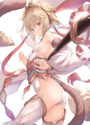 Rule 34 | absurdres, ahoge, andira (granblue fantasy), animal ears, ass, blonde hair, detached leggings, detached sleeves, erune, granblue fantasy, highres, monkey ears, monkey girl, monkey tail, red eyes, shawl, short hair, short twintails, staff, tail, thighhighs, twintails, ukiwakisen