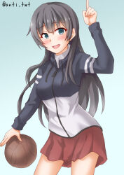 Rule 34 | 1girl, agano (kancolle), anti (untea9), basketball, black hair, blue background, commentary request, cowboy shot, gradient background, green eyes, highres, index finger raised, jacket, kantai collection, long hair, multicolored clothes, multicolored jacket, official alternate costume, one-hour drawing challenge, pleated skirt, red skirt, skirt, smile, solo, standing, twitter username, two-tone jacket