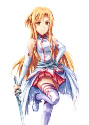 Rule 34 | 10s, 1girl, asuna (sao), bad id, bad pixiv id, belt, belt skirt, brown hair, detached sleeves, hand on own hip, pixco, rapier, solo, standing, standing on one leg, sword, sword art online, thighhighs, weapon, white thighhighs, yellow eyes