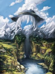 Rule 34 | 1girl, black hat, blending, blue sky, cloud, day, forest, grass, hat, highres, komeiji koishi, landscape, mountain, nature, outdoors, painterly, reverinth, rock, scenery, simple bird, sky, solo, surreal, touhou, water, waterfall, white hair