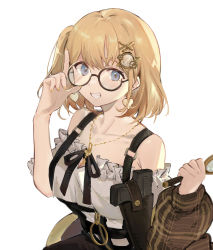 Rule 34 | 1girl, bare shoulders, black-framed eyewear, blonde hair, blue eyes, collarbone, cropped, earrings, fingernails, frills, glasses, gradient background, gun, hair ornament, hairclip, heart, heart earrings, highres, holding, holding magnifying glass, hololive, hololive english, holster, holstered, jewelry, key, key necklace, long fingernails, magnifying glass, medium hair, monocle, nail polish, necklace, plaid, ponytail, round eyewear, side ponytail, simple background, smile, solo, tsuiru, virtual youtuber, watson amelia, watson amelia (street casual), weapon, white background, yellow nails, zipper, zipper pull tab