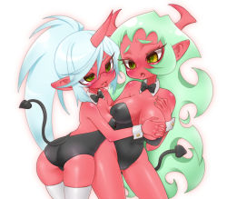 Rule 34 | 10s, 2girls, ass, blue hair, bow, bowtie, grabbing another&#039;s breast, breasts, cameltoe, colored skin, covering privates, covering breasts, demon girl, glasses, grabbing, green eyes, green hair, horns, incest, inuue kiyu, kneesocks (psg), leotard, long hair, medium breasts, multiple girls, nontraditional playboy bunny, panty &amp; stocking with garterbelt, playboy bunny, ponytail, red skin, saliva, saliva trail, scanty (psg), siblings, sisters, small breasts, tail, thighhighs, tongue, wrist cuffs, yuri