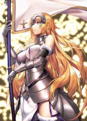 Rule 34 | 1girl, absurdres, armor, armored dress, blonde hair, blue eyes, breasts, chain, collar, commentary, corset, fate/apocrypha, fate/grand order, fate (series), faulds, flag, fur trim, gauntlets, headpiece, highres, holding, holding flag, jeanne d&#039;arc (fate), jeanne d&#039;arc (ruler) (fate), jeanne d&#039;arc (third ascension) (fate), large breasts, long hair, plackart, standard bearer, standing, thighhighs, thighs, very long hair, yagitome87