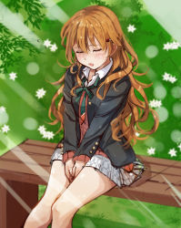 Rule 34 | 1girl, artist name, artist request, bare legs, black cardigan, black jacket, blush, bow, bowtie, breasts, brown hair, buttons, cardigan, checkered clothes, checkered skirt, close-up, closed eyes, collared shirt, curly hair, female focus, grass, green bow, green ribbon, hair between eyes, hair ornament, hair over shoulder, hairclip, highres, jacket, konoe kanata, layered skirt, long hair, long sleeves, looking at viewer, love live!, love live! nijigasaki high school idol club, miniskirt, neck ribbon, nijigasaki school uniform, outdoors, own hands together, parted lips, plaid, plaid skirt, pleated, pleated skirt, red cardigan, red jacket, ribbon, school uniform, shirt, sitting, skirt, smile, solo, white shirt, white skirt, wing collar, yellow buttons
