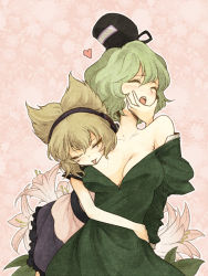 Rule 34 | 2girls, bad id, bad pixiv id, bare shoulders, blush, breasts, brown eyes, brown hair, cleavage, dress, earmuffs, closed eyes, female focus, flower, green dress, green hair, hand on another&#039;s face, hat, headphones, heart, large breasts, licking, multiple girls, off shoulder, one eye closed, open mouth, short hair, soga no tojiko, tate eboshi, tongue, touhou, toyosatomimi no miko, urin, wink, yuri