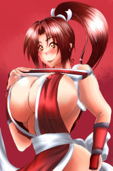 Rule 34 | 1girl, breasts, brown hair, covered erect nipples, hand fan, fatal fury, highres, huge breasts, no bra, ponytail, shiranui mai, snk, the king of fighters, wakamoto ero mondo tadao