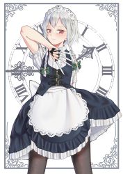 Rule 34 | 1girl, absurdres, apron, arm up, arrow (projectile), back bow, belt, between fingers, black belt, blue dress, blush, bow, braid, breasts, brown pantyhose, chinese commentary, clock, closed mouth, collared shirt, commentary request, dress, frills, green bow, grey hair, hair between eyes, hand up, highres, holding, holding weapon, izayoi sakuya, knife, littiecy, looking at viewer, maid, maid headdress, medium breasts, pantyhose, puffy short sleeves, puffy sleeves, red eyes, shirt, short hair, short sleeves, simple background, smile, solo, touhou, twin braids, weapon, white apron, white background, white bow, white shirt, zipper