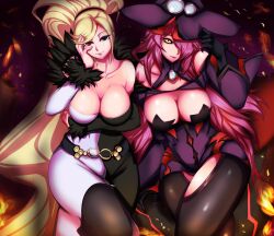 Rule 34 | 2girls, bare shoulders, belt, black eyes, black gloves, black sclera, blazblue, blazblue: central fiction, blonde hair, breasts, cleavage, collarbone, colored sclera, crossover, detached sleeves, dress, fire, fur trim, gaien (jin morisono), gloves, hair over one eye, hand on own face, hat, heterochromia, high ponytail, highres, hilda (under night in-birth), infinity symbol, konoe a. mercury, large breasts, long hair, looking at viewer, multicolored clothes, multicolored dress, multiple girls, off shoulder, pink hair, ponytail, red eyes, swept bangs, thighhighs, under night in-birth, very long hair, witch hat