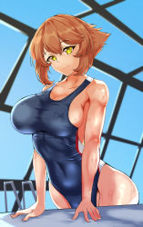 Rule 34 | 1girl, absurdres, arm support, blue one-piece swimsuit, breasts, brown hair, collarbone, competition swimsuit, covered navel, highres, kantai collection, large breasts, mutsu (kancolle), one-piece swimsuit, pool ladder, purplecat, rei no pool, short hair, solo, swimsuit, yellow eyes