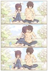 Rule 34 | 1boy, 1girl, 3koma, :t, afterimage, animal ears, bare arms, bare shoulders, blanket, blue sky, blush, brown eyes, brown hair, brown shirt, closed mouth, cloud, cloudy sky, comic, commentary request, day, dog ears, dog girl, dog tail, drawstring, food, food on face, fujisaki yuu, glasses, grass, hair ornament, hairclip, holding, holding food, hood, hood down, hoodie, licking, licking another&#039;s cheek, licking another&#039;s face, long hair, nose blush, notice lines, onigiri, opaque glasses, open mouth, original, outdoors, overall shorts, overalls, picnic, profile, rice, rice on face, shirt, short sleeves, silent comic, sky, sleeveless, sleeveless hoodie, tail, tail wagging, tree, white hoodie