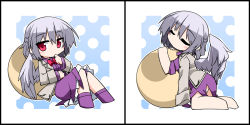 Rule 34 | 1girl, blush, chibi, closed eyes, covering own mouth, cushion, eyebrows, hemogurobin a1c, jacket, kishin sagume, kneeling, looking at viewer, multiple views, open clothes, open jacket, red eyes, silver hair, single wing, sitting, touhou, wings