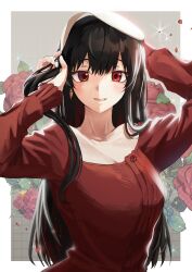 Rule 34 | 1girl, absurdres, black hair, collarbone, earrings, flower, highres, jewelry, looking at viewer, open mouth, red eyes, red flower, red rose, red shirt, rose, shadow, shirt, smile, solo, spy x family, yor briar, zetto (zet)
