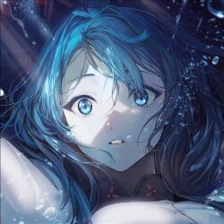 Rule 34 | 1girl, air bubble, blue eyes, blue hair, bubble, close-up, female focus, game cg, goddess of victory: nikke, hair ornament, helm (aqua marine) (nikke), helm (nikke), jam (nandade), lips, long hair, long sleeves, official art, parted lips, ponytail, shirt, solo, spoilers, third-party source, underwater, wide-eyed