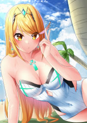 Rule 34 | 1girl, absurdres, blonde hair, breasts, chest jewel, earrings, gem, headpiece, highres, jewelry, large breasts, long hair, mythra (radiant beach) (xenoblade), mythra (xenoblade), one-piece swimsuit, ribbed swimsuit, slope (check238), strapless, strapless one-piece swimsuit, striped clothes, striped one-piece swimsuit, swept bangs, swimsuit, tiara, two-tone swimsuit, vertical-striped clothes, vertical-striped one-piece swimsuit, very long hair, white one-piece swimsuit, xenoblade chronicles (series), xenoblade chronicles 2