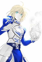 Rule 34 | 1girl, ahoge, armor, armored dress, artoria pendragon (all), artoria pendragon (fate), blonde hair, bowl, breastplate, chopsticks, fate/grand order, fate/stay night, fate (series), food, food on face, green eyes, hair bun, hair ribbon, halyou, highres, holding, holding bowl, lion, pauldrons, ribbon, rice, rice on face, saber (fate), shoulder armor, single hair bun, solo