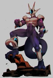 Rule 34 | 1boy, clenched hand, cooler (dragon ball), dragon ball, dragonball z, fifth form (dragon ball), fighting stance, fingernails, floating rock, full body, grey background, kokusoji, male focus, no pupils, red eyes, rock, simple background, spread legs, standing, tail