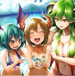 Rule 34 | 3girls, beach, bikini, blue bikini, blush, breasts, brown hair, cloud, cloudy sky, demon horns, demon wings, closed eyes, fangs, female focus, grand summoners, green hair, horns, large breasts, leone (grand summoners), looking at viewer, looking down, multiple girls, official art, open mouth, pointy ears, riviera (grand summoners), rosseta (grand summoners), seashell, shell, sky, smile, swimsuit, two piece, water, wings, yellow eyes