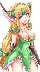 Rule 34 | 1girl, armor, black gloves, blonde hair, blue eyes, breasts, cleavage, commentary, covered navel, cowboy shot, dress, elbow gloves, forehead jewel, frilled dress, frills, gloves, green dress, green headwear, green ribbon, hair ribbon, head tilt, helmet, highres, holding, holding weapon, kitayama miuki, large breasts, long hair, looking at viewer, low-tied long hair, open mouth, pauldrons, polearm, ribbon, riesz, seiken densetsu, seiken densetsu 3, short dress, shoulder armor, simple background, smile, solo, spear, standing, strapless, strapless dress, very long hair, weapon, white background, winged helmet