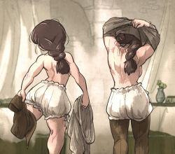 Rule 34 | 2girls, back, backboob, bloomers, braid, breasts, brown hair, character request, clothing request, commentary, english commentary, facing away, from behind, highres, ironlily, large breasts, medium breasts, multiple girls, muscular, muscular female, ordo mediare sisters (ironlily), shoulder blades, sideboob, single braid sister (ironlily), standing, standing on one leg, sweat, underwear, underwear only, undressing, vase