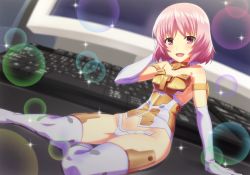 Rule 34 | 10s, 1girl, :d, adjusting hair, arm support, bare shoulders, blush, breasts, commentary request, computer, detached collar, dutch angle, elbow gloves, female focus, frame arms girl, gloves, hand on own head, highres, kagiyama (clave), keyboard, legs, looking at viewer, matching hair/eyes, materia (frame arms girl), materia shiro, mini person, minigirl, monitor, open mouth, panties, pink eyes, pink hair, short hair, sitting, smile, solo, sparkle, strapless, thighhighs, underwear, white gloves, white panties, white thighhighs