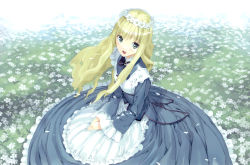 Rule 34 | 1girl, absurdres, alice (alice in wonderland), alice in wonderland, blonde hair, dress, female focus, flower, headdress, highres, long hair, long sleeves, nature, open mouth, outdoors, solo, ueda ryou