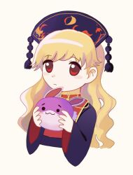Rule 34 | 1girl, animal ears, belt, black belt, black dress, black hat, blonde hair, blush stickers, character doll, chinese clothes, closed mouth, commentary request, crescent, crescent print, doll, dress, hands up, hat, highres, holding, holding doll, junko (touhou), long hair, long sleeves, looking at viewer, neck ribbon, phoenix crown, pom pom (clothes), rabbit ears, rabbit tail, red eyes, red tabard, reisen udongein inaba, ribbon, simple background, solo, tabard, tail, tassel, touhou, wavy hair, white background, wide sleeves, yamadainari, yellow ribbon