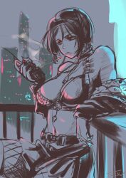 Rule 34 | 1girl, bare shoulders, bikini, breasts, chest tattoo, chikuden, choker, cigarette, cityscape, cleavage, crow (nikke), fishnet pantyhose, fishnets, goddess of victory: nikke, holding, jacket, large breasts, mole, mole under eye, monochrome, mouth hold, navel, off shoulder, pantyhose, red pupils, short hair, signature, skirt, solo, spot color, stomach tattoo, swimsuit, tattoo