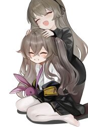 Rule 34 | 2girls, armband, bag, barefoot, between legs, black jacket, black shirt, black skirt, blush, brown hair, brown pantyhose, clenched teeth, closed eyes, commentary, dokomon, girls&#039; frontline, hair between eyes, hand between legs, hands on another&#039;s head, highres, jacket, kneeling, long hair, multiple girls, off shoulder, one side up, open clothes, open jacket, open mouth, pantyhose, pleated skirt, shadow, shirt, shoulder bag, simple background, skirt, stuffed animal, stuffed rabbit, stuffed toy, teeth, ump40 (girls&#039; frontline), ump45 (girls&#039; frontline), very long hair, white background