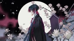Rule 34 | 1boy, absurdres, aun no beats (vocaloid), black hair, black jacket, branch, character request, closed mouth, earrings, falling flower, flower, from side, full moon, haruno taku, highres, indie utaite, jacket, japanese clothes, jewelry, kimono, light particles, long sleeves, male focus, moon, multicolored hair, necklace, pendant, petals, profile, purple hair, single earring, solo, tassel, tassel earrings, two-tone hair, upper body, utaite, white flower
