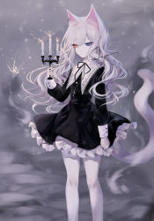 Rule 34 | 1girl, absurdres, animal ears, artist name, black dress, black ribbon, blue eyes, candle, candlestand, cat ears, cat tail, cross, cross necklace, dress, earrings, feet out of frame, fire, fire, grey background, hair between eyes, heterochromia, highres, holding, jewelry, long hair, long sleeves, neck ribbon, necklace, original, pantyhose, petticoat, ribbon, sheya, signature, silver hair, solo, standing, tail, white pantyhose, yellow eyes